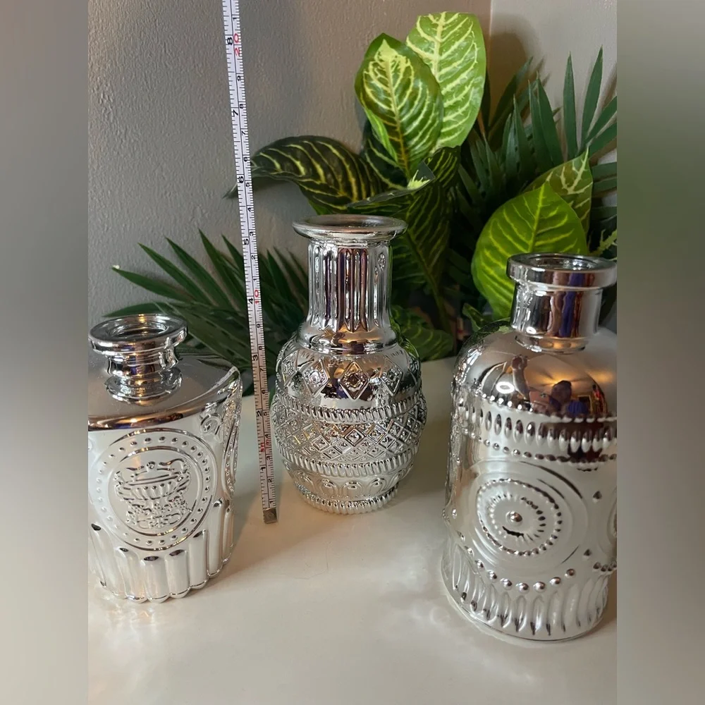 Silver Chrome Textured Glass Vases with Ornate Accents, Bud vase, Small vase
